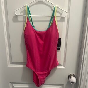 No Boundaries Pink One-Piece High Leg Swimsuit Yellow and Green Straps Size M